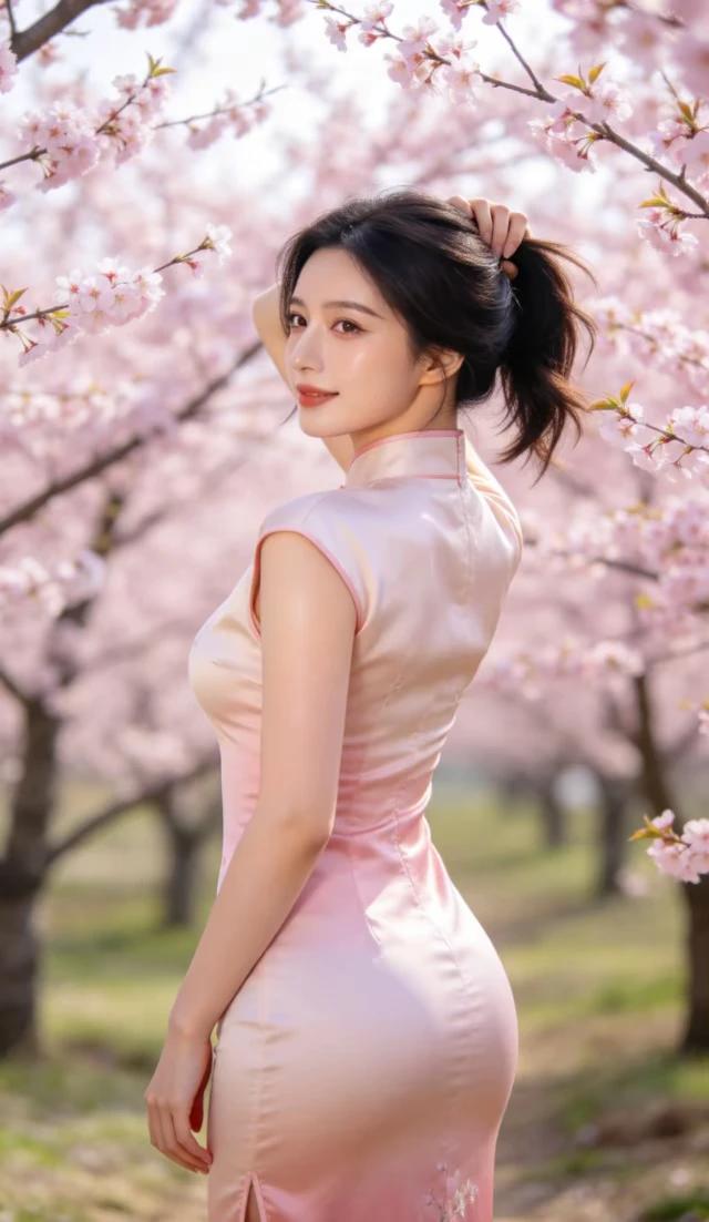 旗袍雅韵，粉红桃花。
千种妩媚，万种风情。
身姿妙曼，曲线优美。
国风古韵，现代