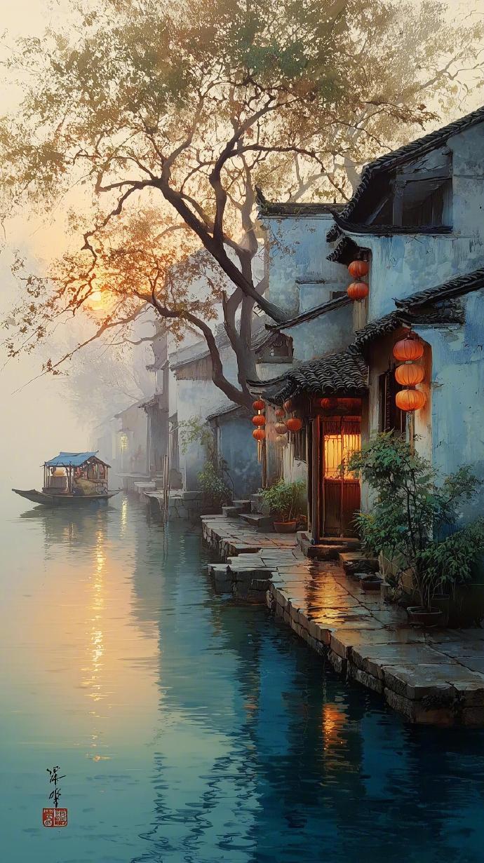 孤村船泊昏残雨，远雾蒙蒙带夕阳。 
