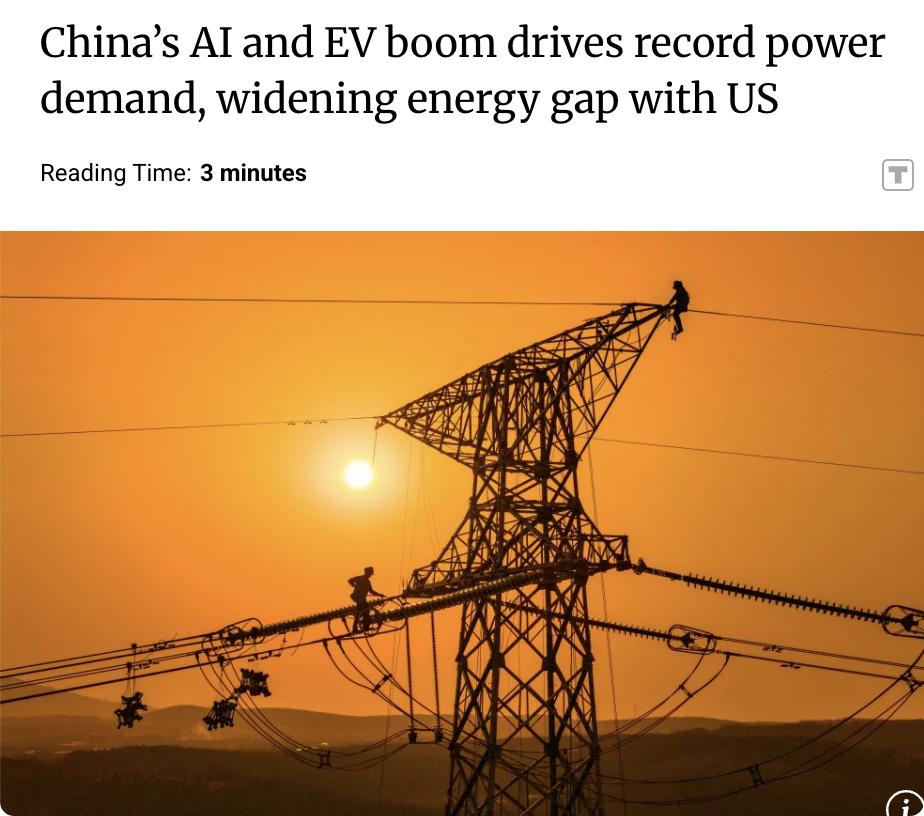 外媒：中国人工智能和电动汽车的繁荣推动电力需求创纪录

中国2025年全社会用电