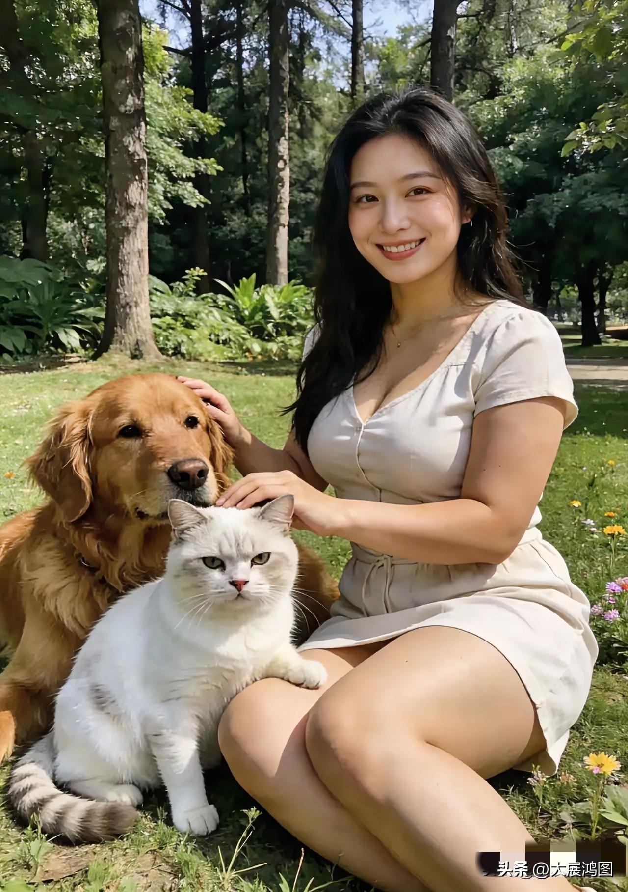 阳光灿烂，美女和宠物一同度过惬意时光。宠物靓照 治愈系宠物生活 美女宠物合照 美