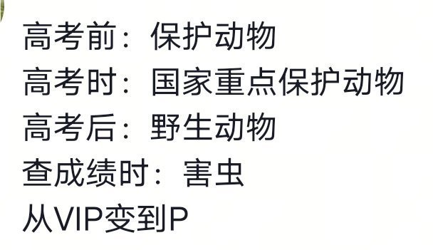 高考后的家长从夯到拉高考前:保护动物高考时:重点保护动物高考后:野生动物 