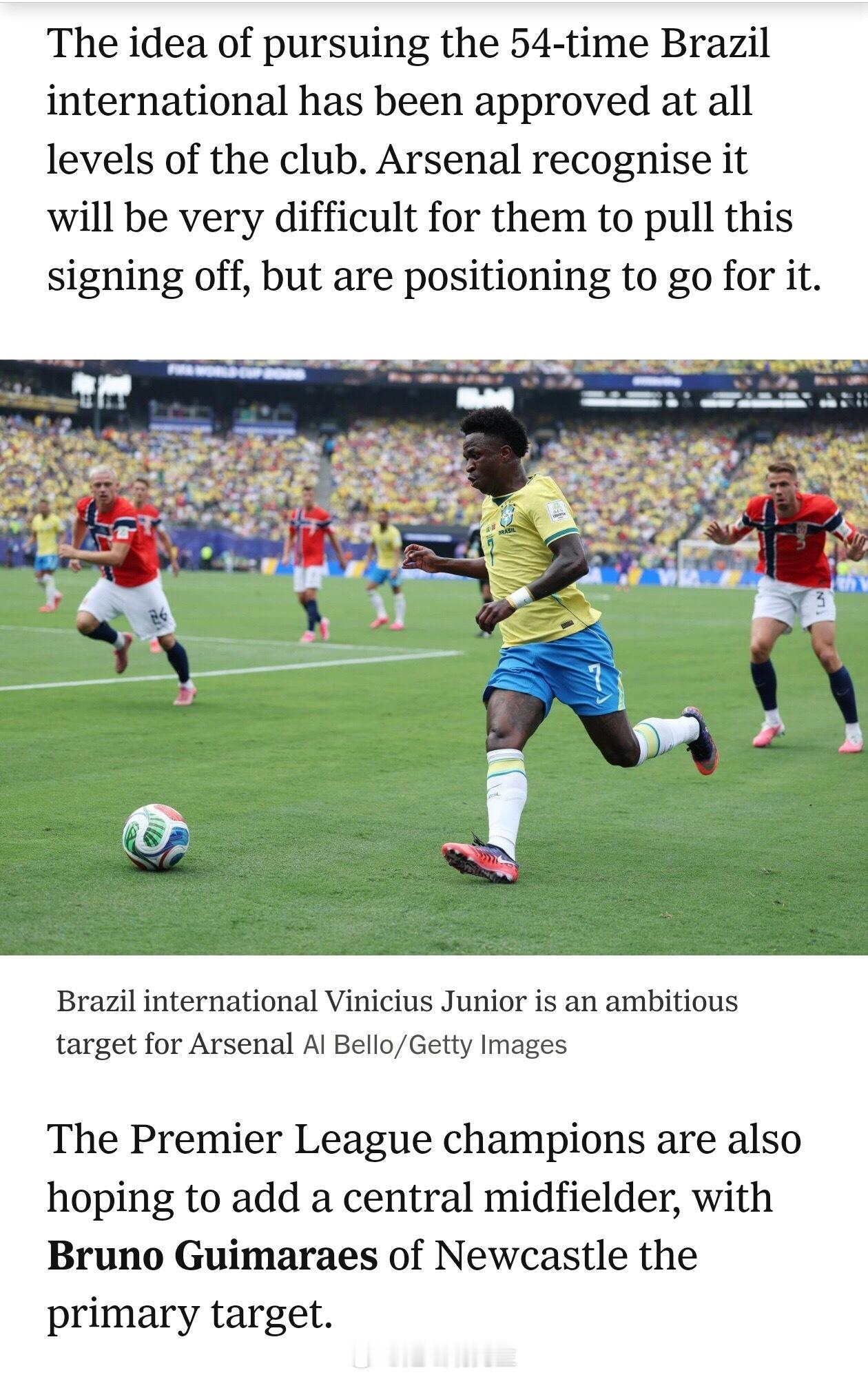 TheAthletic转会周报涉及维尼修斯的部分：🔻Gunnerblog：阿森