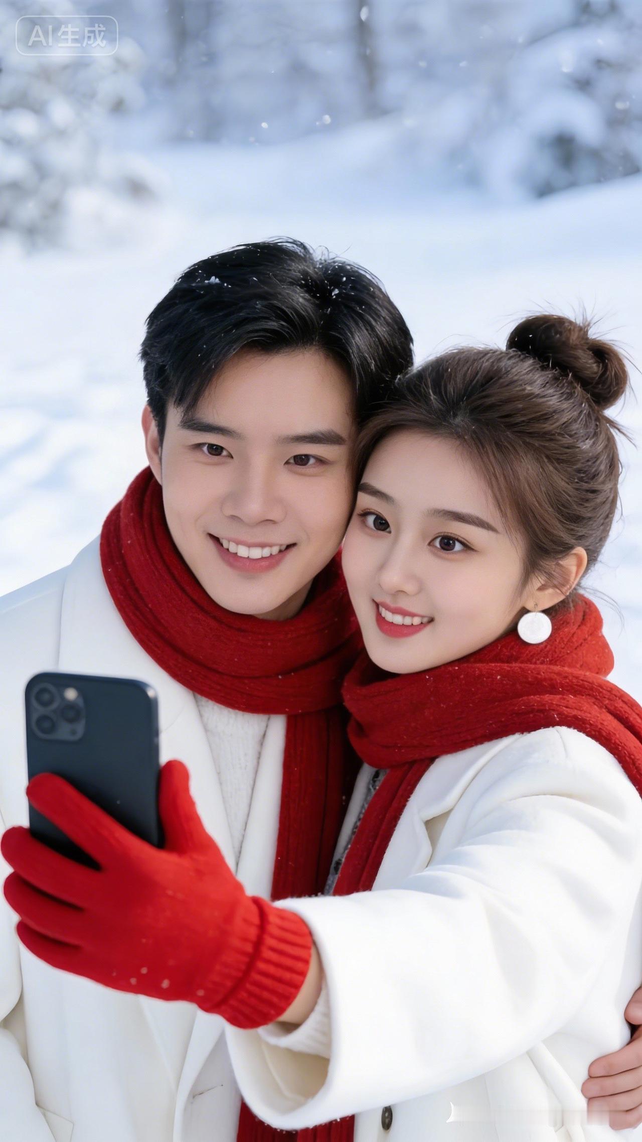 冬日暖阳下的甜蜜自拍，红围巾与白雪的完美搭配🌨️💕