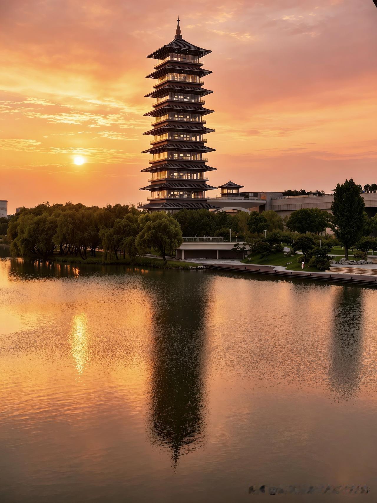 落日熔金染碧塘，层楼雄峙阅漕航。
千年漕运兴衰事，尽付平湖一抹光。