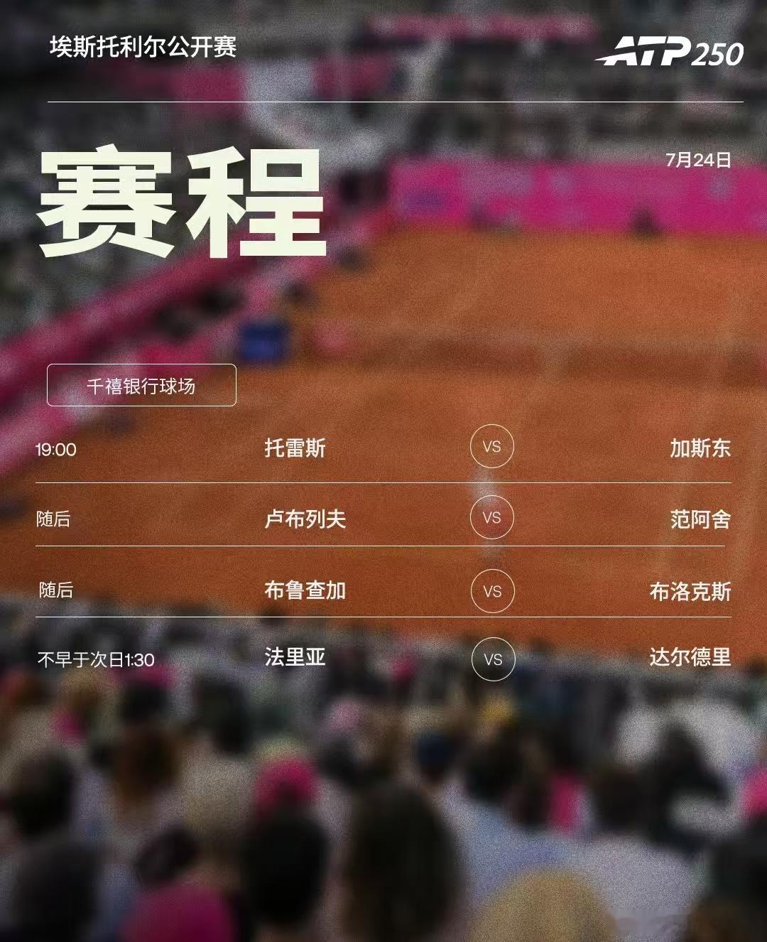 两站ATP250 红土赛事周五赛程如下，均为北京时间📅📍基茨比厄尔🎾布勃里