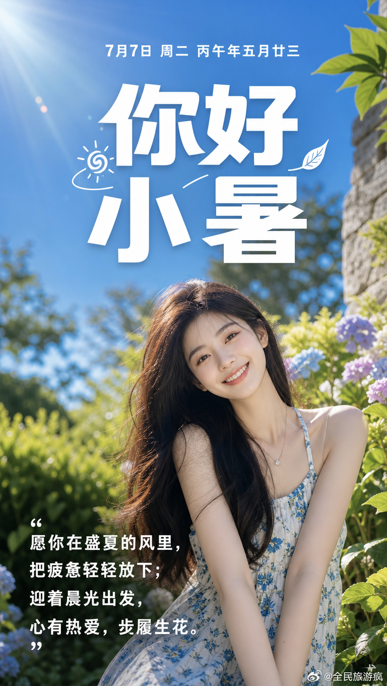 7月7日 周二 丙午年五月廿三你好小暑愿你在盛夏的风里，把疲惫轻轻放下；迎着晨光