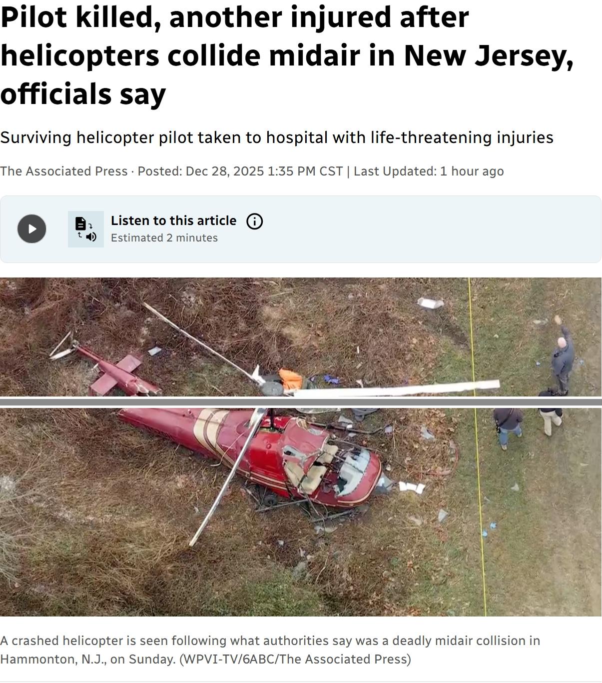 美国两架直升机空中相撞，1死1重伤
当地时间周日上午，美国新泽西州发生一起两架直