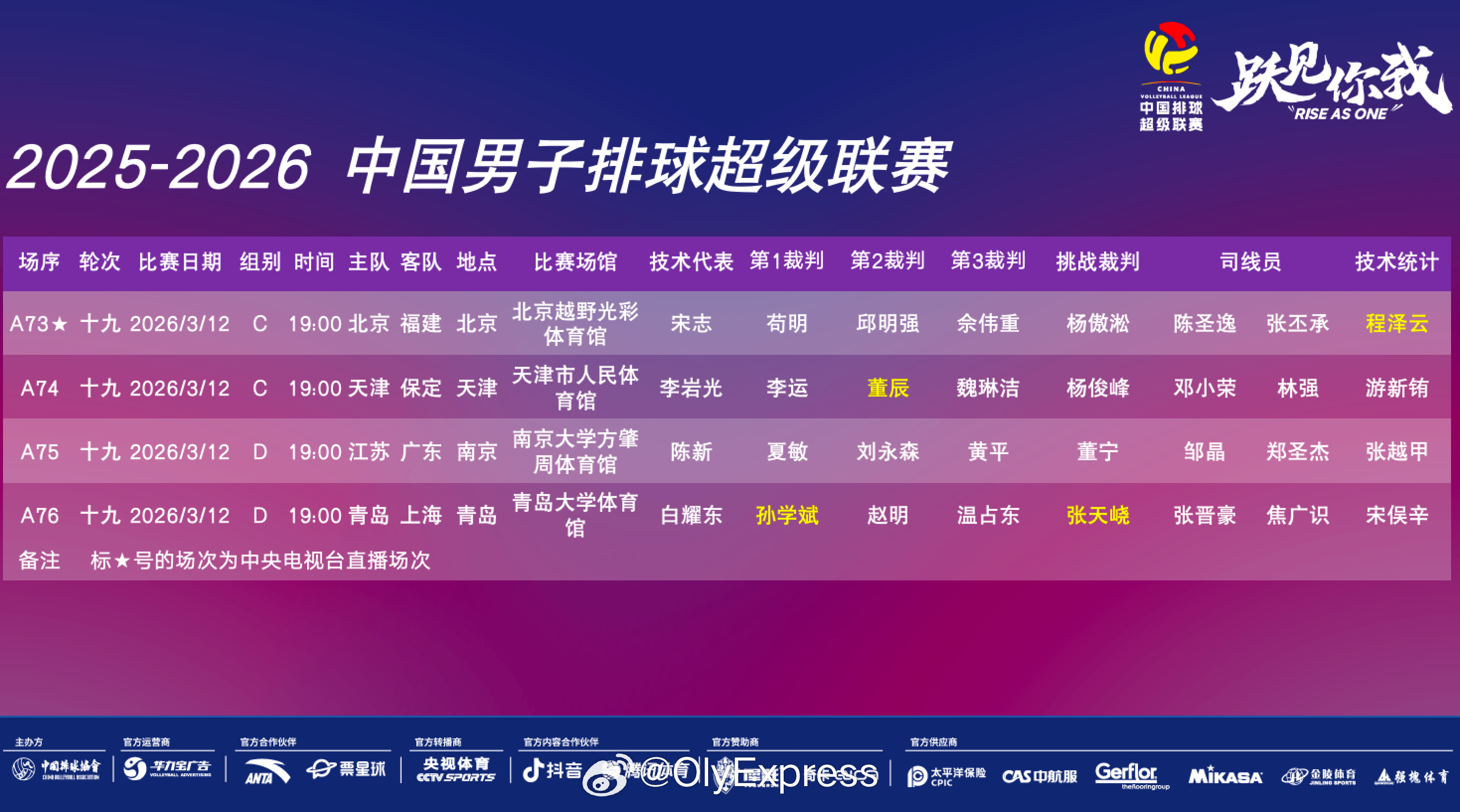 【排超男排联赛本轮赛程对阵】排超联赛 3月12日19时，男排联赛季后赛赛程对阵如