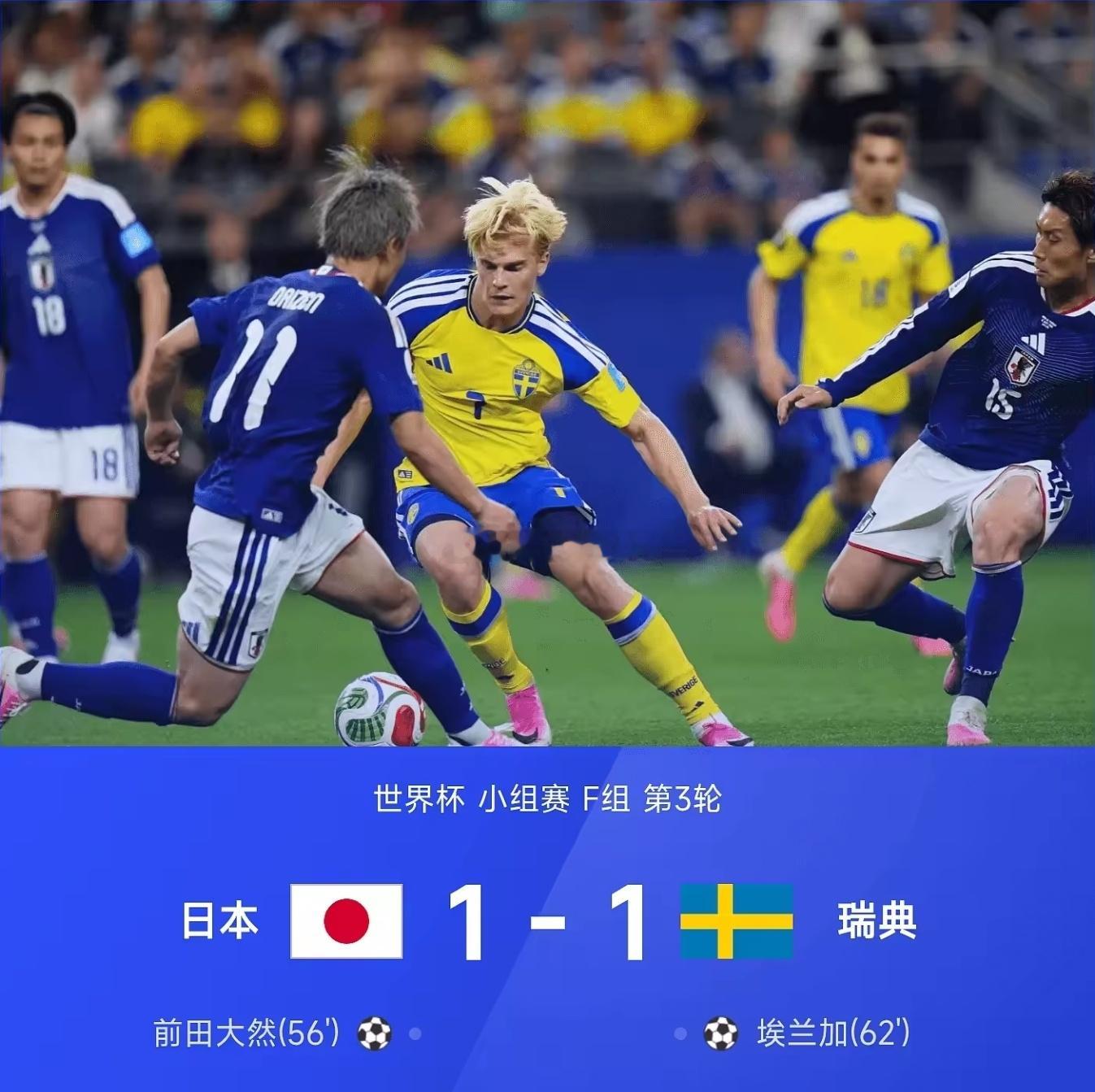 日本1-1战平瑞典，1胜2平积5分锁定F组第二，成为本届世界杯首支出线的亚洲球队