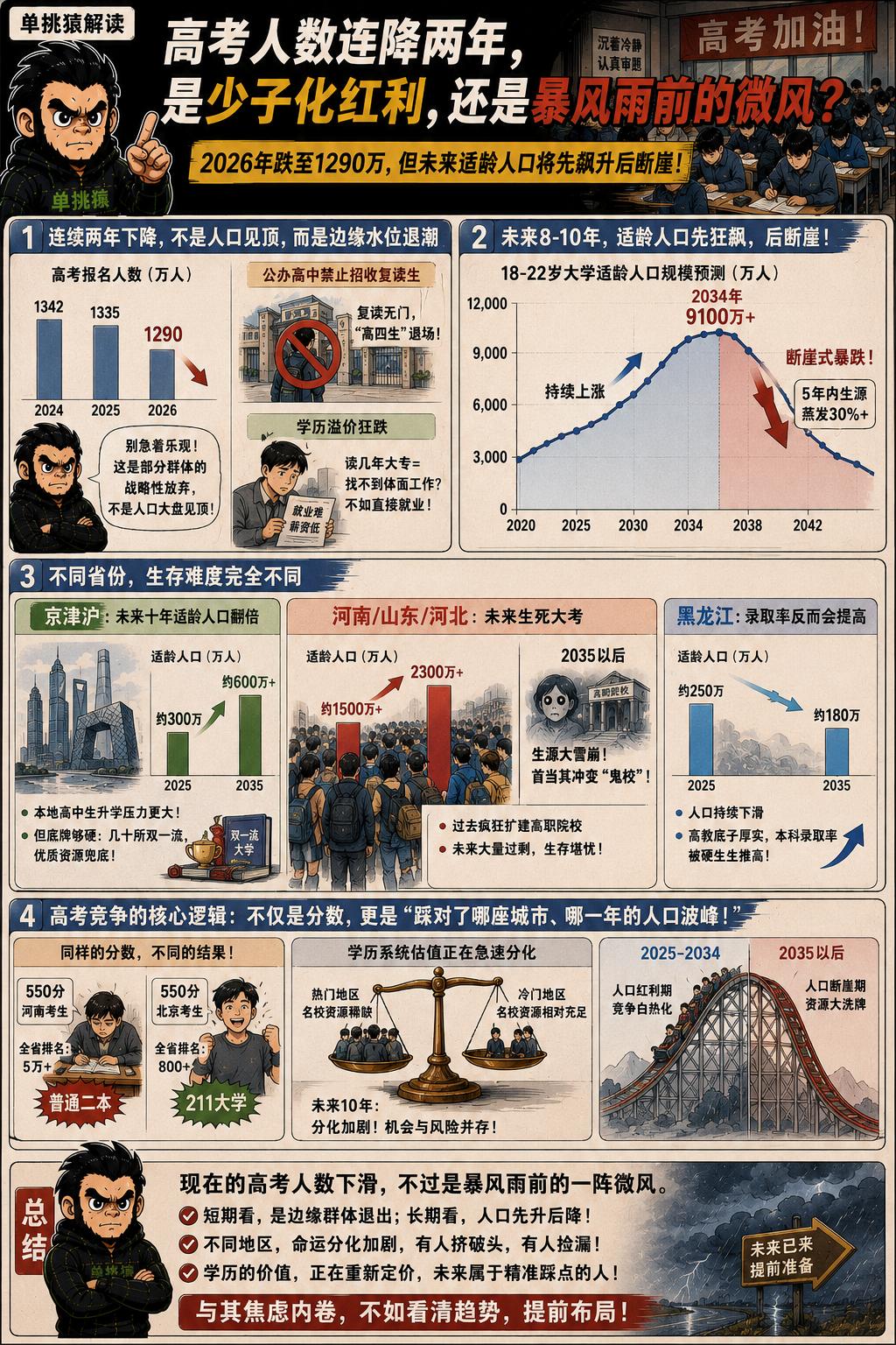 连续两年高考报名人数下滑，2026年直接跌到1290万。很多人盯着这组数据长舒一