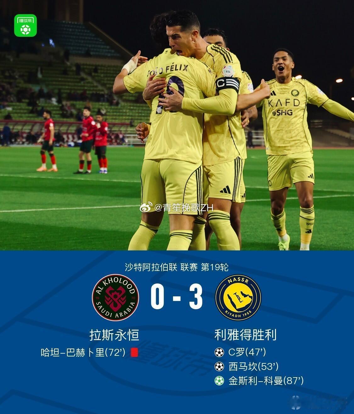 利雅得胜利3比0客胜重回联赛第二领头羊利雅得新月近期遭遇两连平，分别1-1战平胡