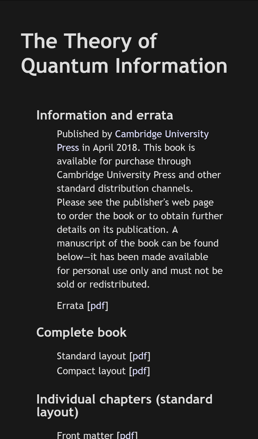 电子书 量子信息理论cs.uwaterloo.ca/~watrous/TQI/可