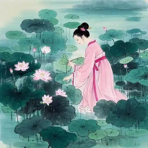 《荷  花》
——宋·郑刚中
美艳向人花灼灼，
青圆如鉴叶田田。
月明徙倚阑干处