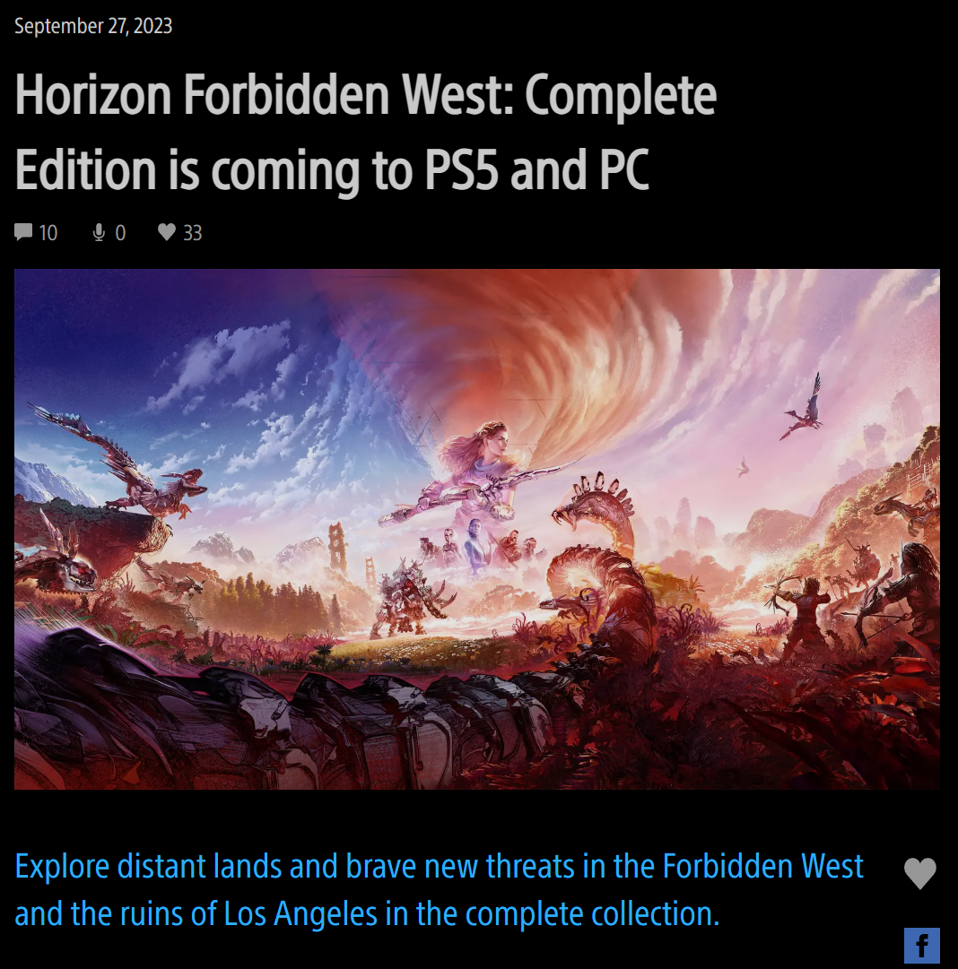 索尼确定《地平线：西之绝境》完全版10月6日登陆PS5，PC明年发售
