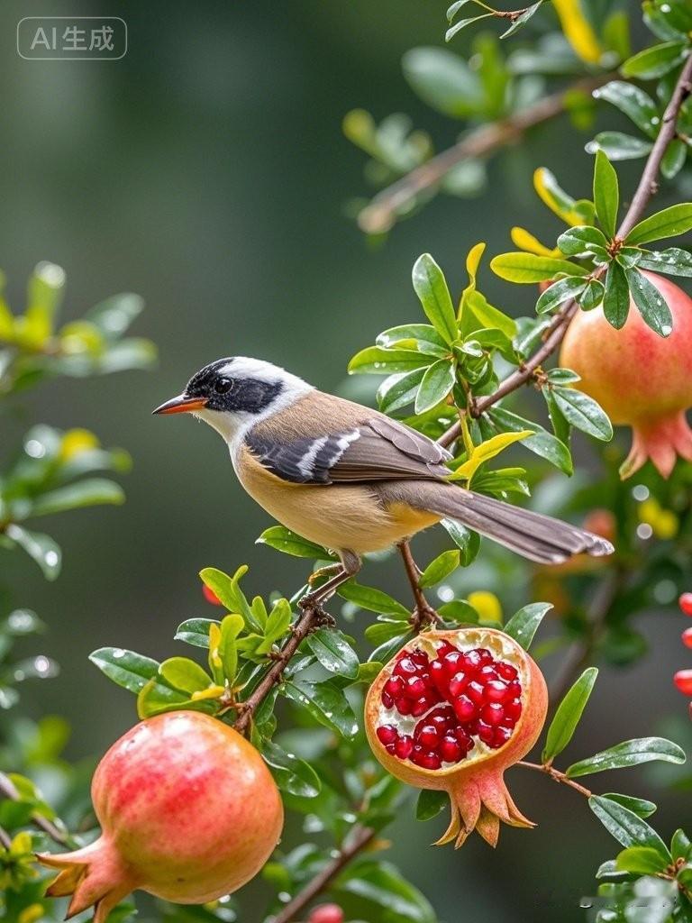 小鸟停歇在挂满石榴的枝头，自然之美尽收眼底。🌿🍒🐦石榴风景树 树石榴