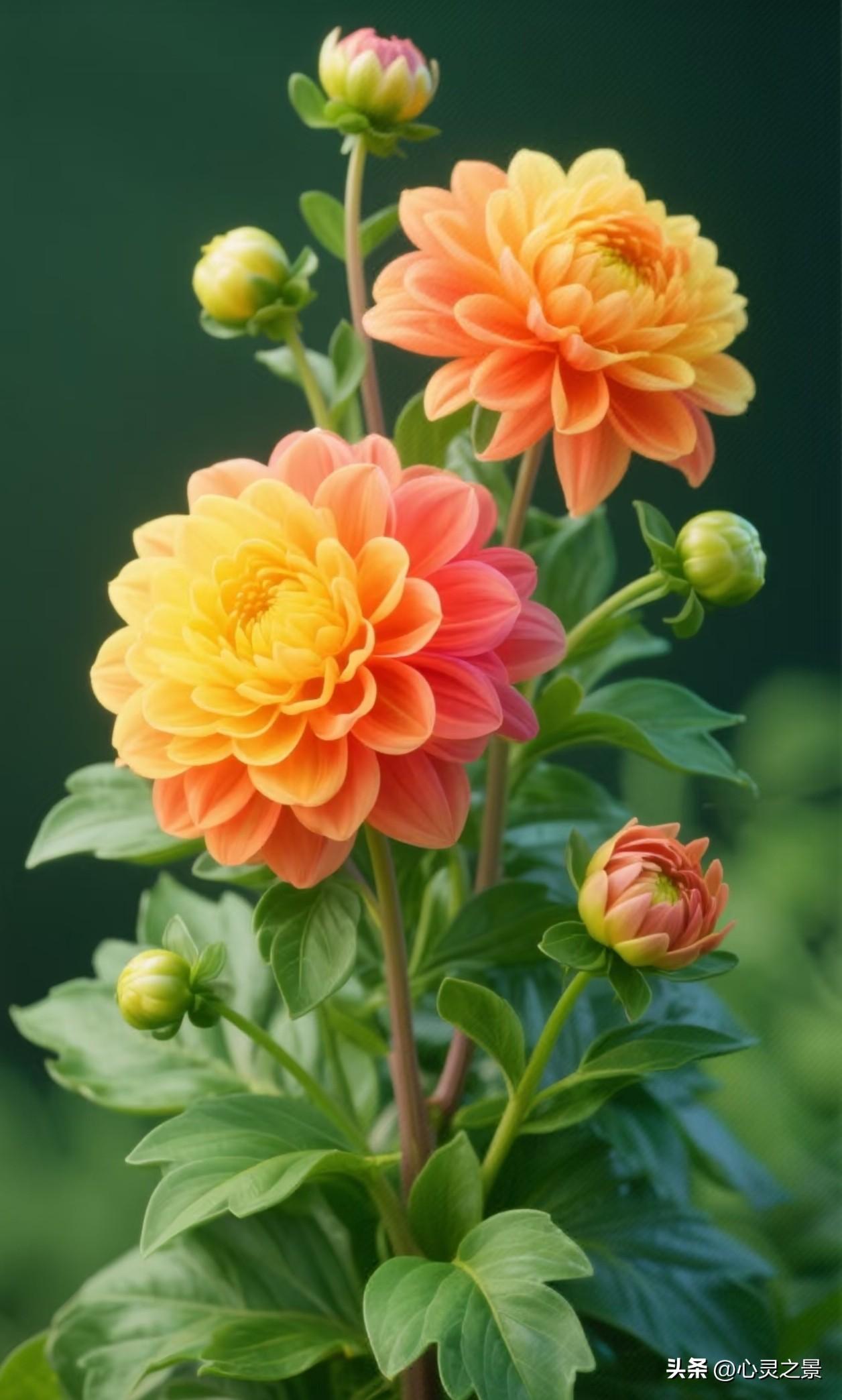 暖橙明媚、紫韵温柔、赤红热烈，各色花朵顺着花茎次第生长，盛放的繁花与青涩花苞并肩