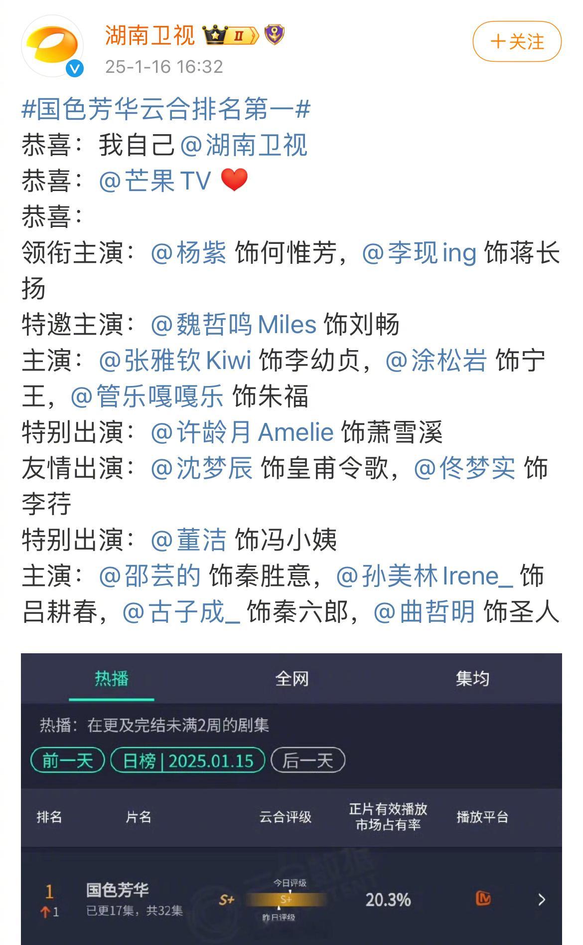 俺不中了，国色芳华云合排名第一湖南卫视：恭喜我自己[好运连连] 