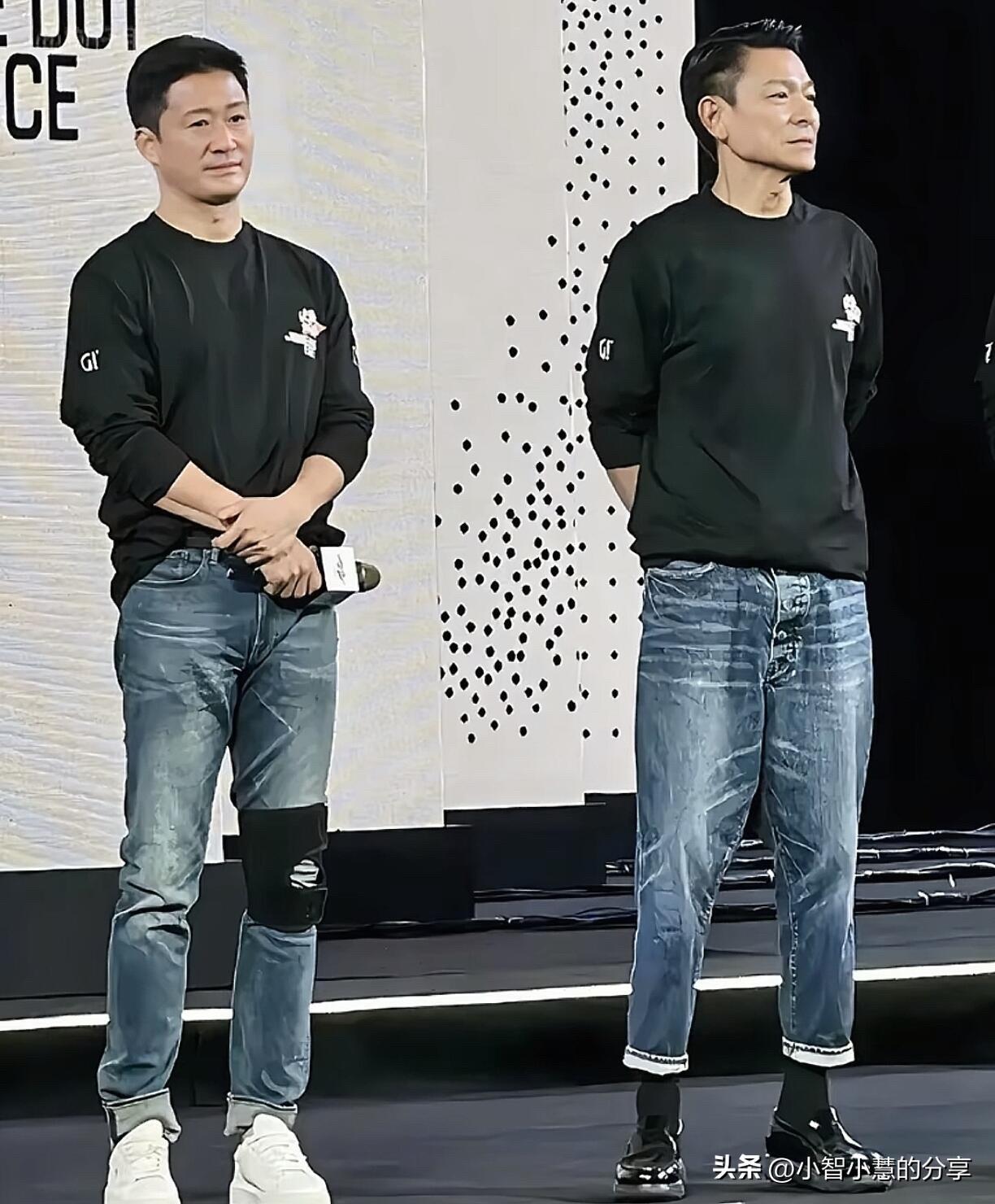 吴京175的身高，刘德华174的身高，但站在舞台上刘德华却显得高一点。论体型，刘