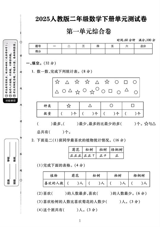 2025人教版二年级数学下册第一单元测试卷 1