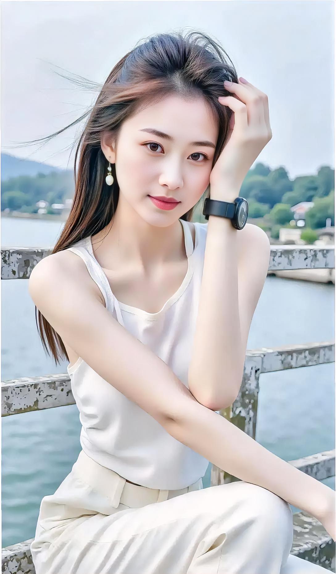 微风轻拂发梢，

白衣素雅清新。

珍珠耳坠微摇，

笑意盈盈动人。

手扶秀发