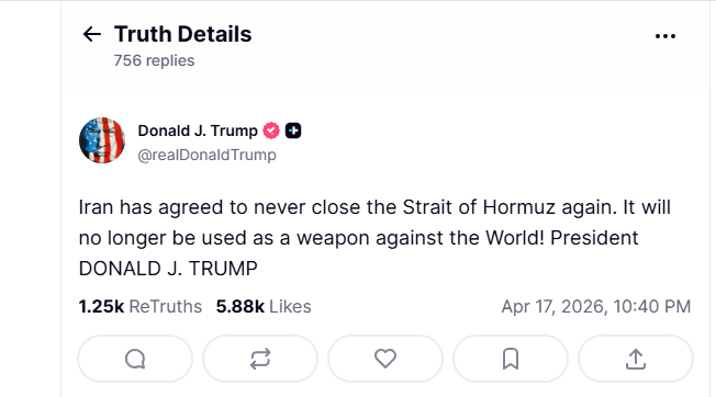 伊朗已经同意，永远不会再关闭霍尔木兹海峡。 它将不再被用作对付世界的武器！——川