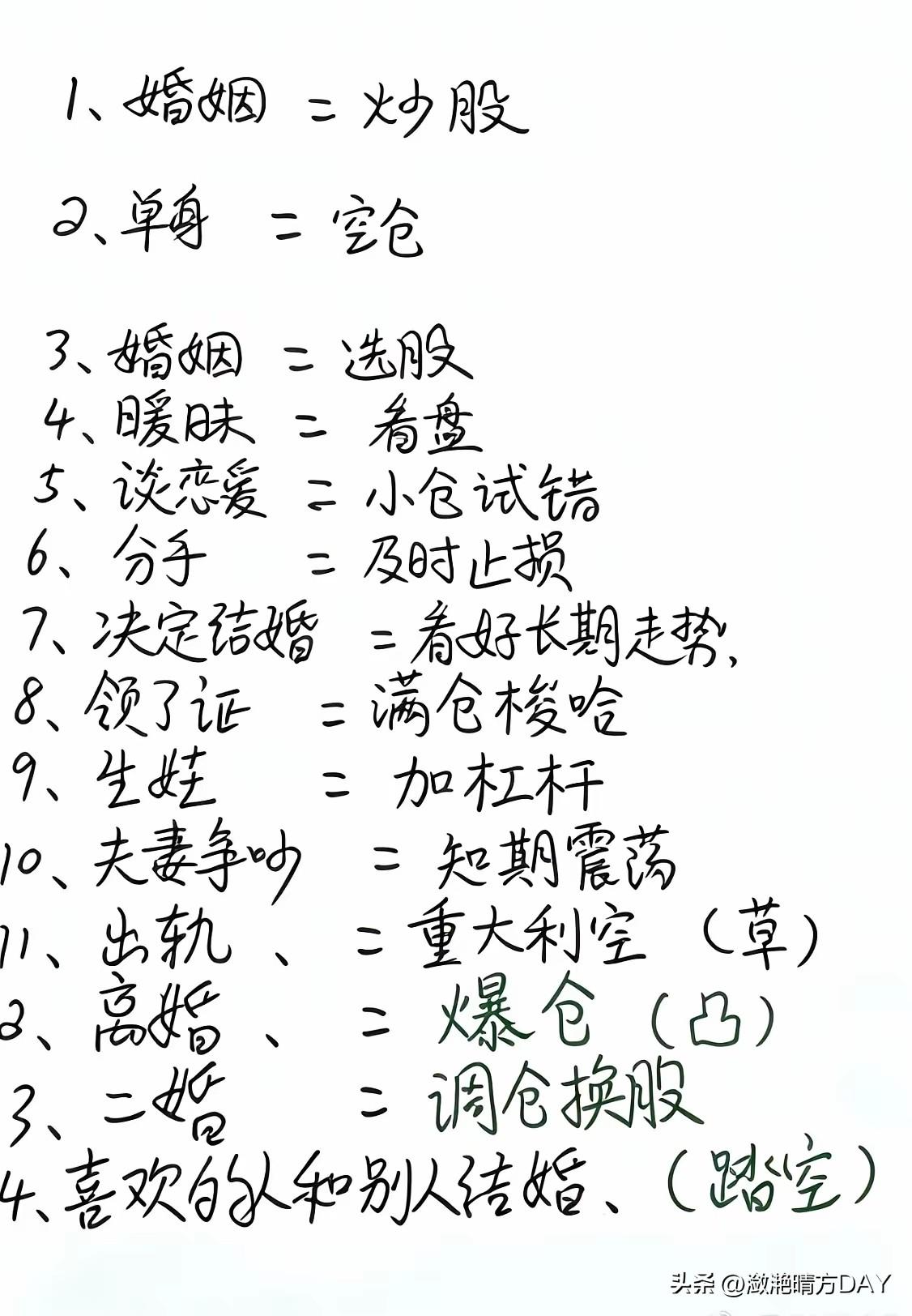 婚姻与炒股，还能这么对比！
婚姻等于选股票；
单身等于空仓；
暧昧等于看盘；
谈