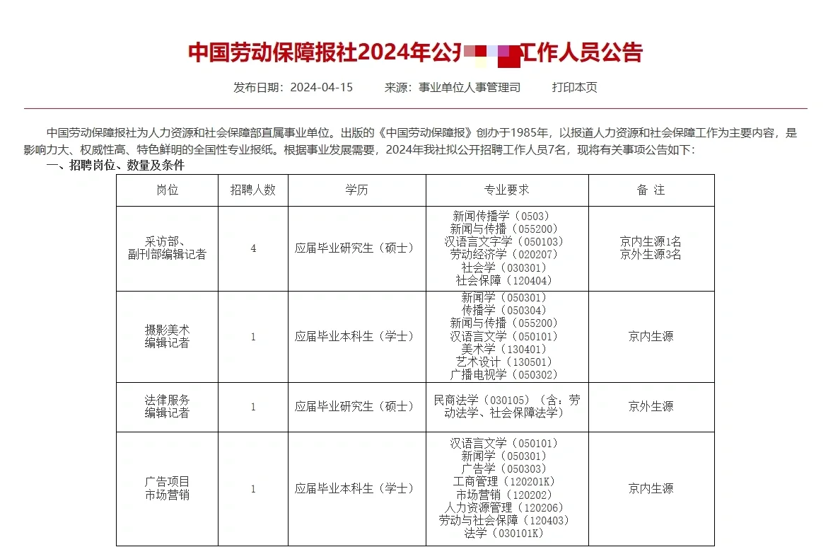 解决户口！中国劳动保障报社招人啦