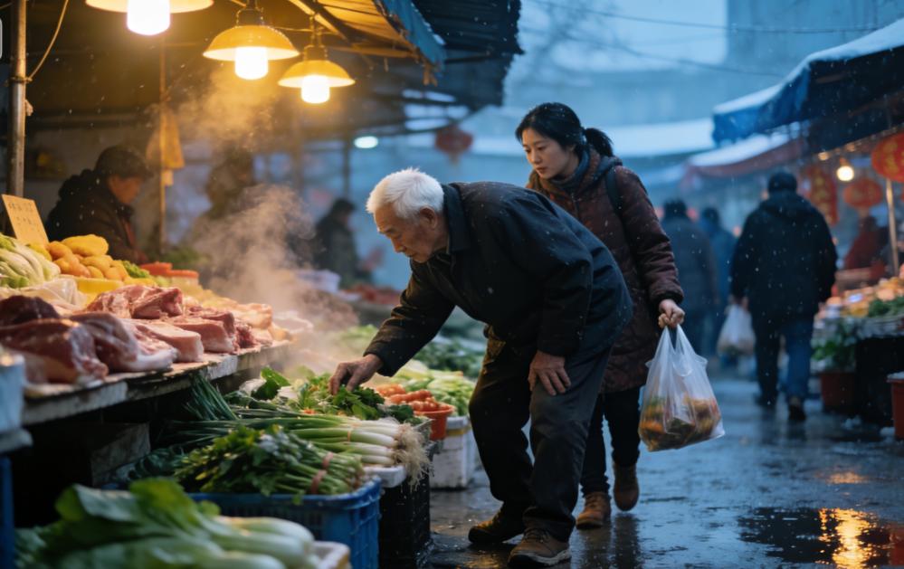 年廿八，寒风刺骨，菜市场烟火氤氲。
我攥着购物袋，跟在七十五岁的父亲身后。
他驼