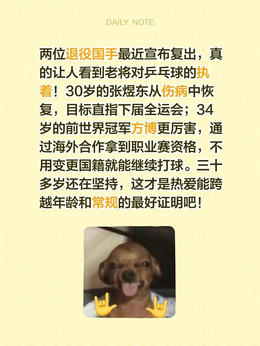 两位退役国手最近宣布复出。两位退役国手最近宣布复出，真的让人看到老将对乒乓球的执