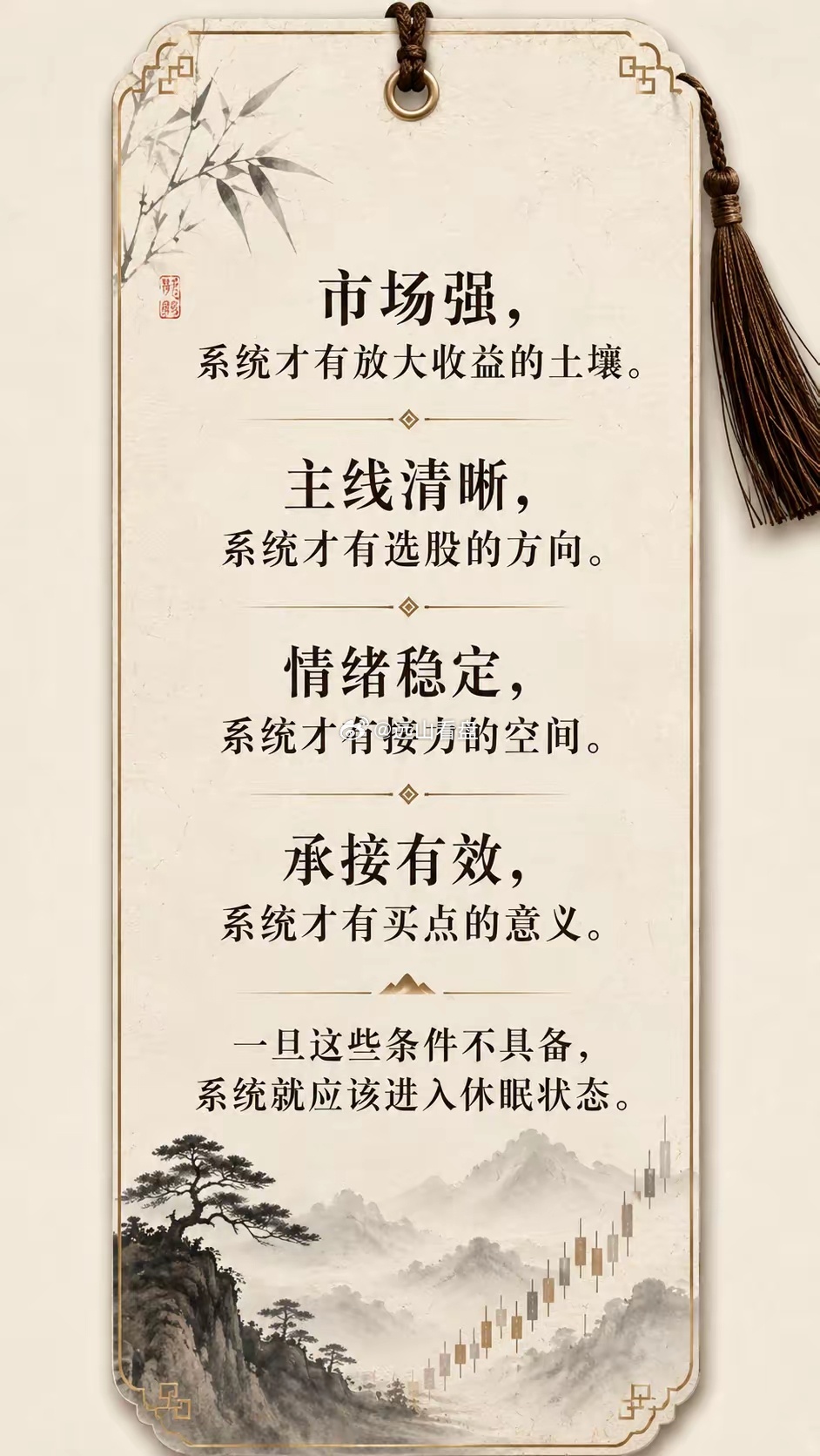 市场强，系统才有放大收益的土壤。主线清晰，系统才有选股的方向。情绪稳定，系统才有