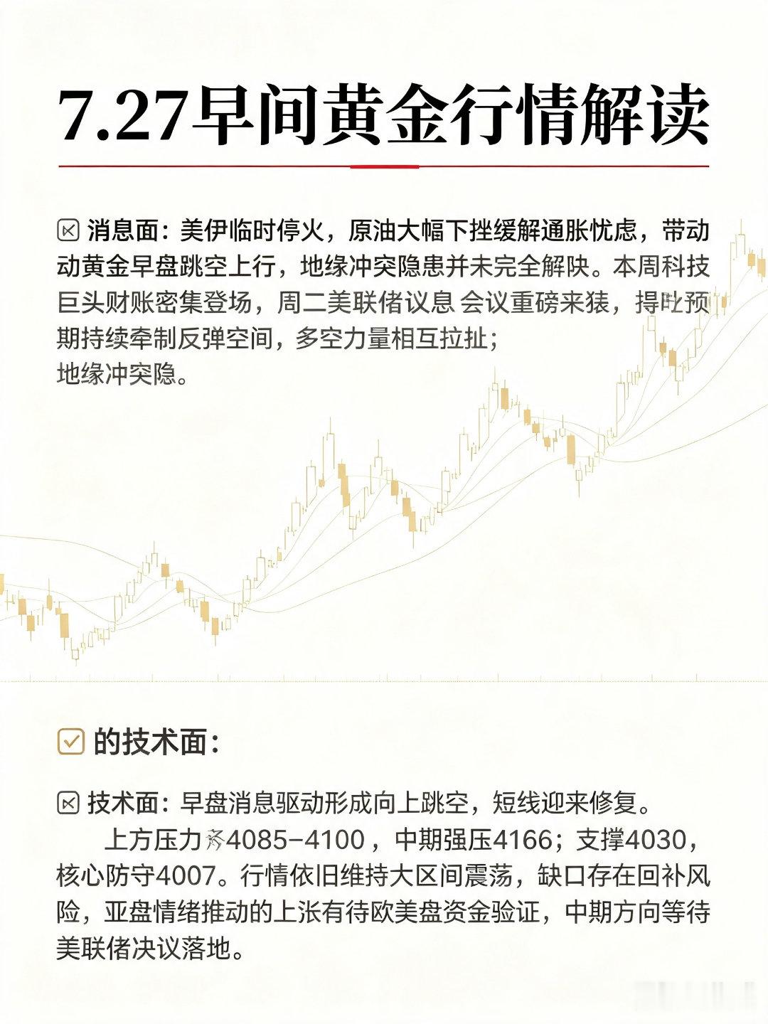【7.27早间黄金行情解读】📰消息面：美伊临时停火，原油大幅下挫缓解通胀忧虑，