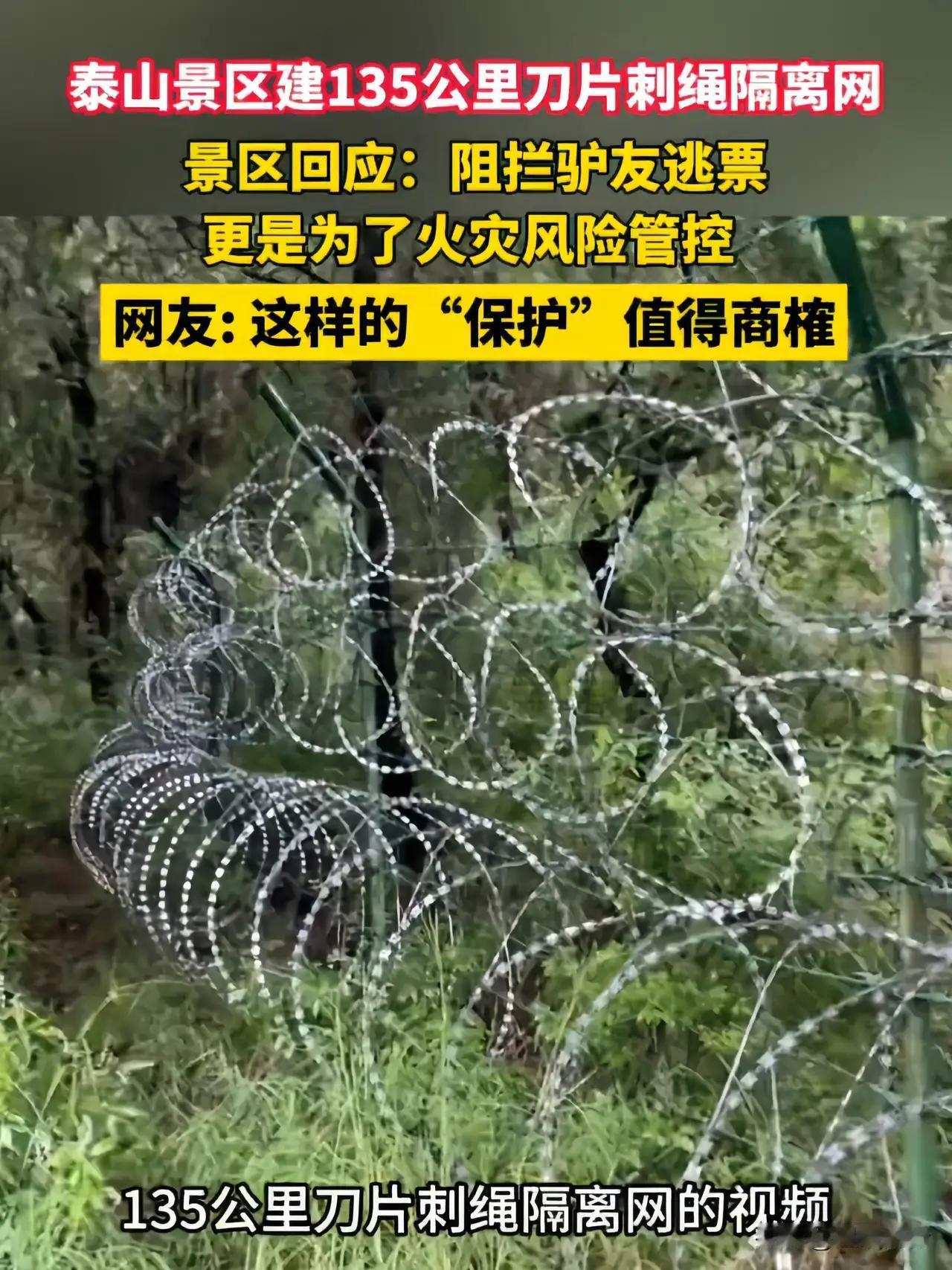 关于泰山装“刀片隔离网”，我看这事儿真不能甩锅给景区，实在是不采用极端手段的话，