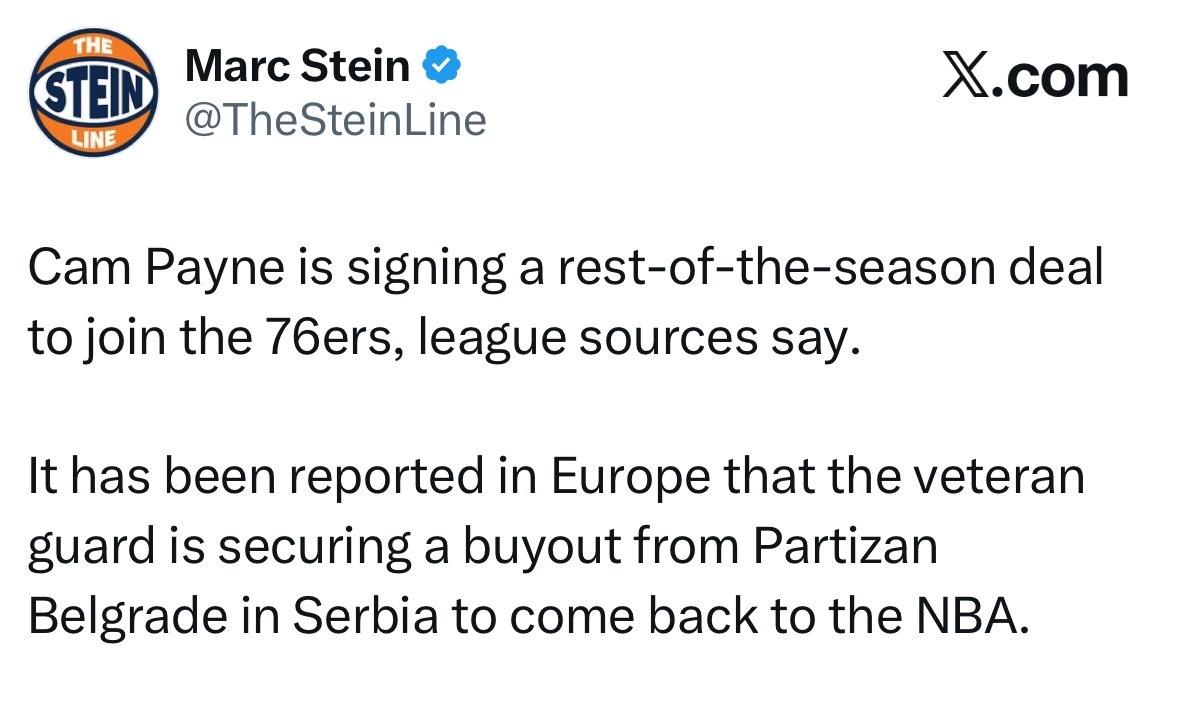 佩恩签约76人至赛季结束，正与塞尔维亚贝尔格莱德游击队敲定买断事宜，计划重返NB