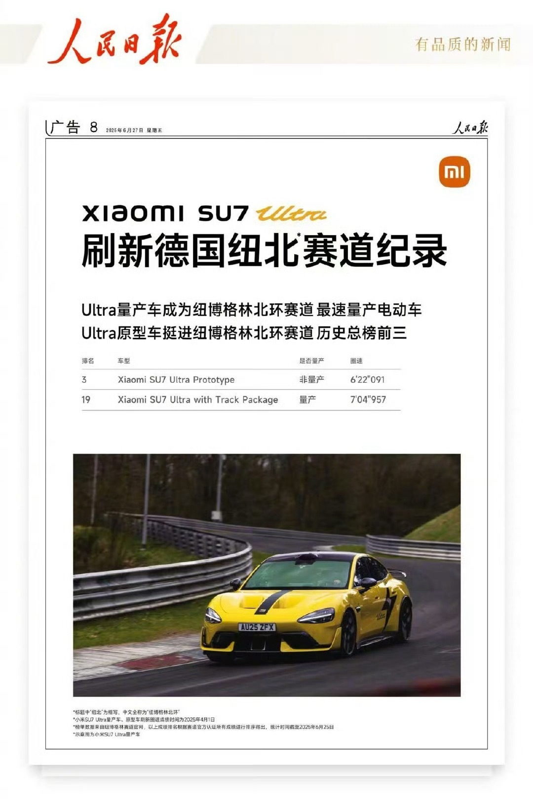 su7ultra登上人民日报了刷新纽北历史前三这是真牛逼，不是假牛逼！ ​​​