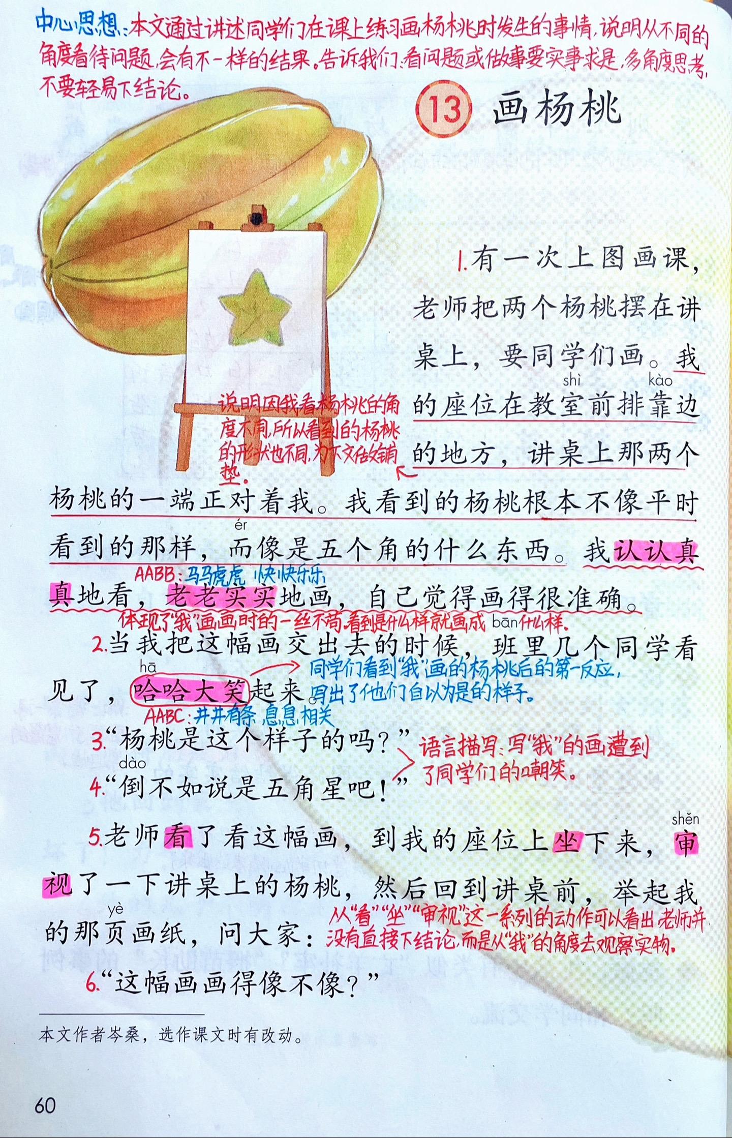 二年级下册语文《画杨桃》课堂笔记，今天预习小枣开始试着自己总结中心思想了。