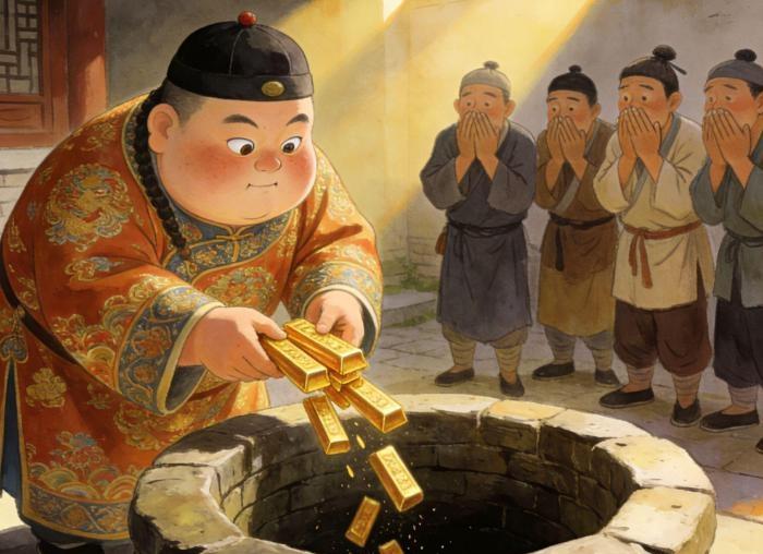 地主家傻儿子每天往井里扔金条，长工们笑他败家，土匪进村那天把家抄空了，傻儿子指着