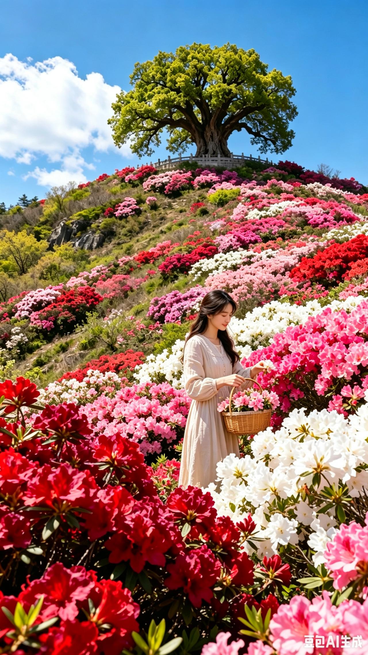 鹃岭寻芳
漫岭鹃花渐次燃，古樟如盖立峰巅。
红铺锦缎霞千叠，白缀琼瑶雪满川。
提
