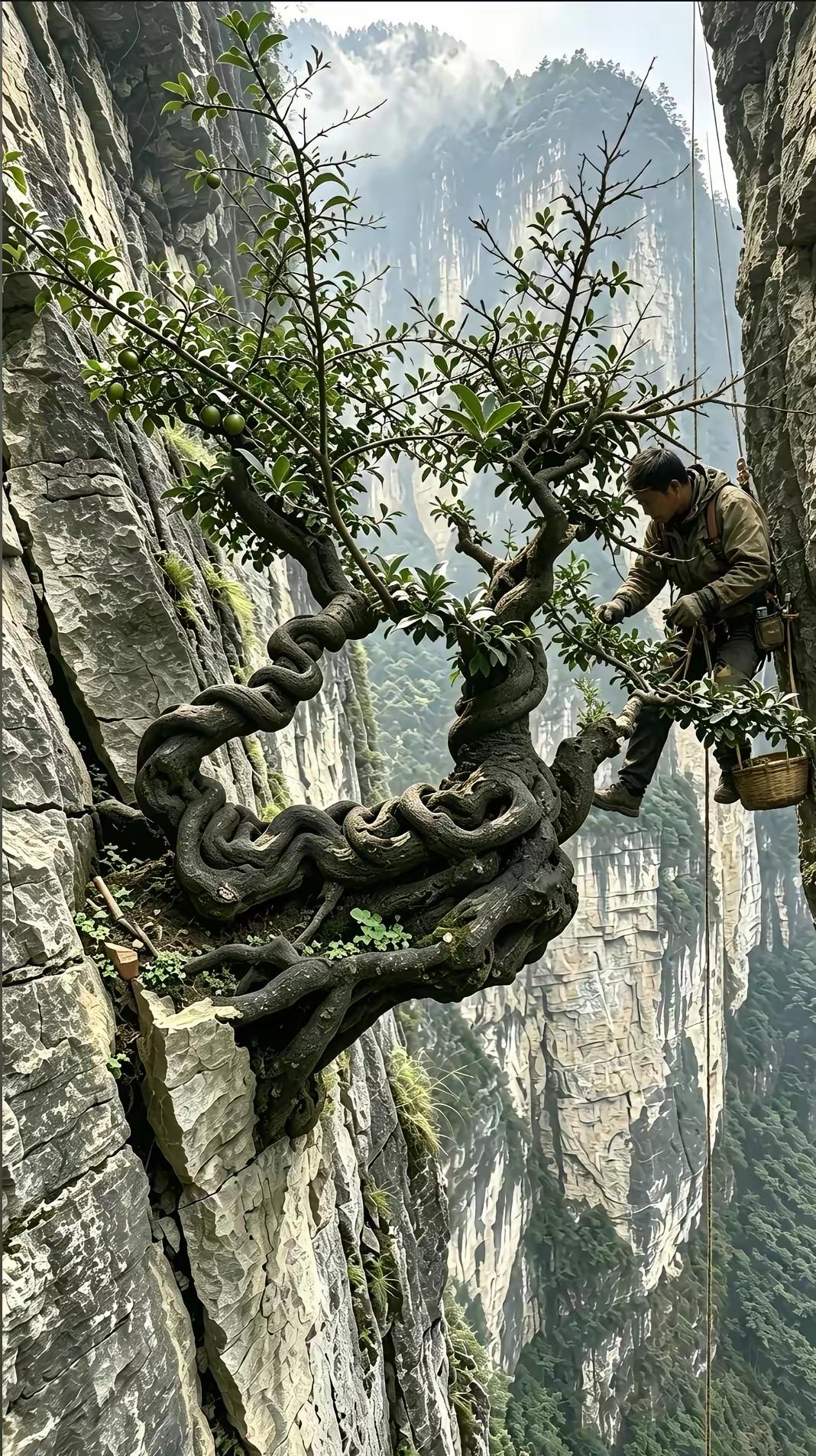 生于绝壁万丈崖，扎根顽石无寸沙。历经风霜千百载，扭曲筋骨亦开花。不靠沃土凭傲骨，