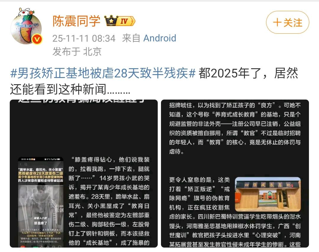 陈震：男孩矫正基地被虐28天致半残疾，都2025年了，居然还能看到这种新闻……