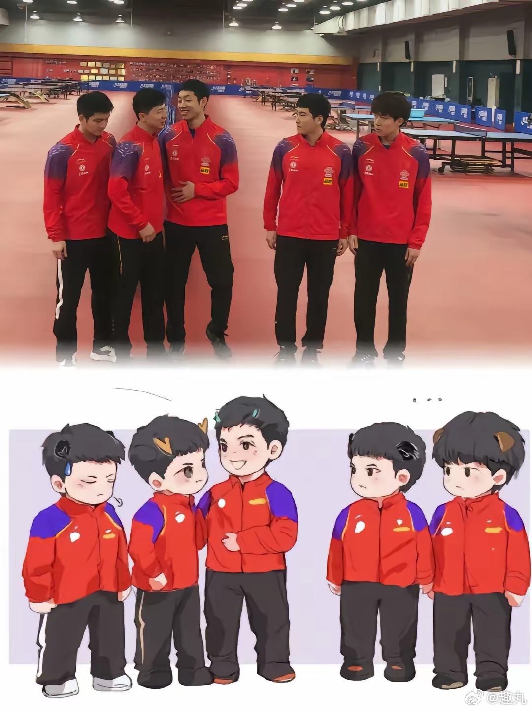 樊振东、马龙、许昕三大哥，王楚钦、梁靖崑两小弟，画面感无敌！樊振东局促不安，还是