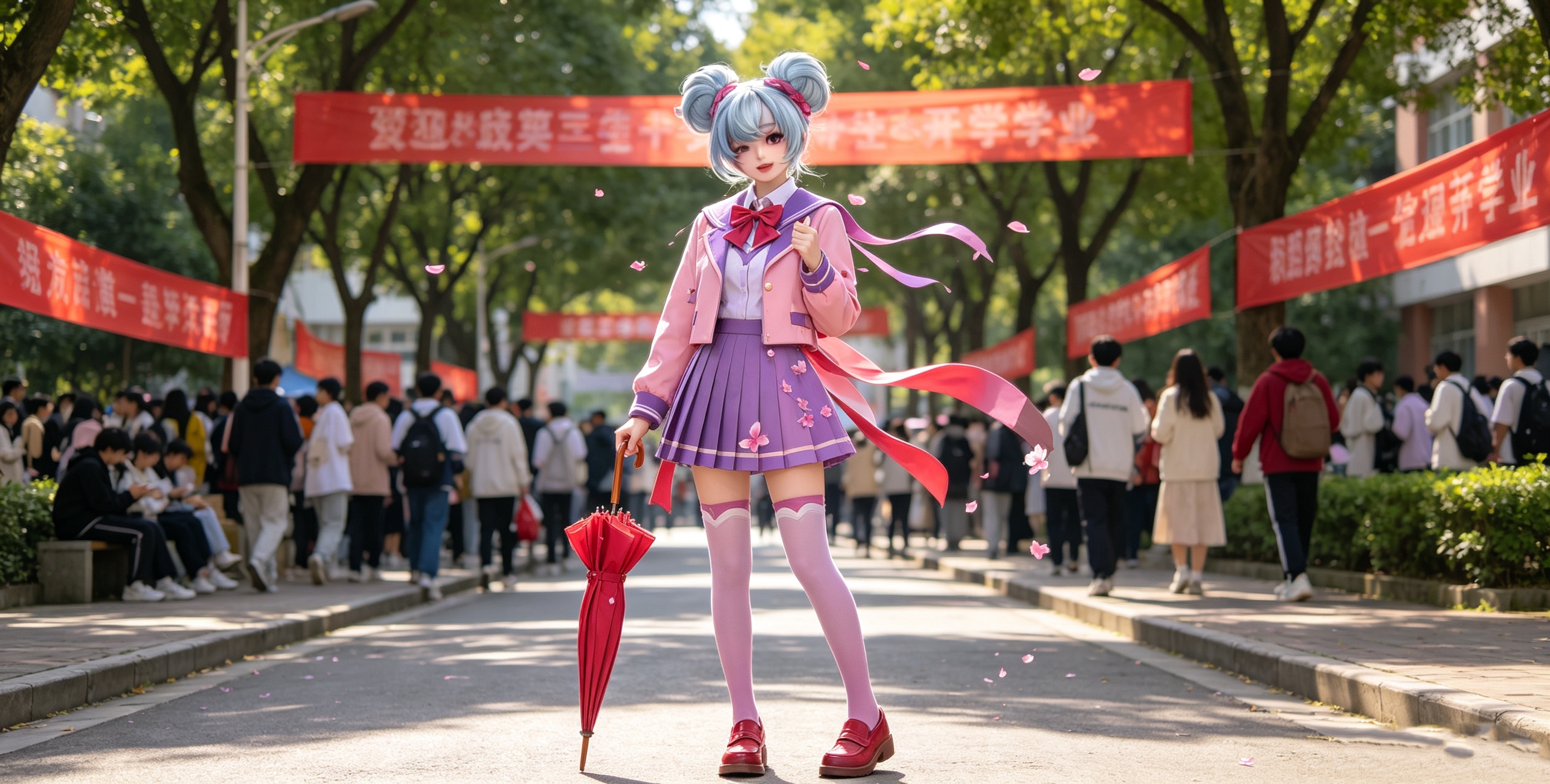 王者英雄开学变装王者高校迎新季我在学校很想农镜前梳好双丸子头，粉紫蝴蝶结衬着眼底