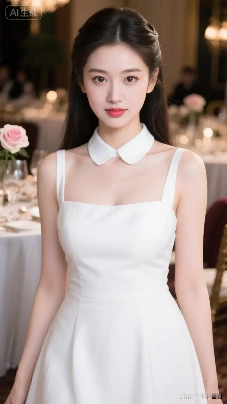 白裙如月光裁成，
彼得潘领系住少女的清甜，
发丝轻挽，眉眼澄澈。
晚宴的流光漫过