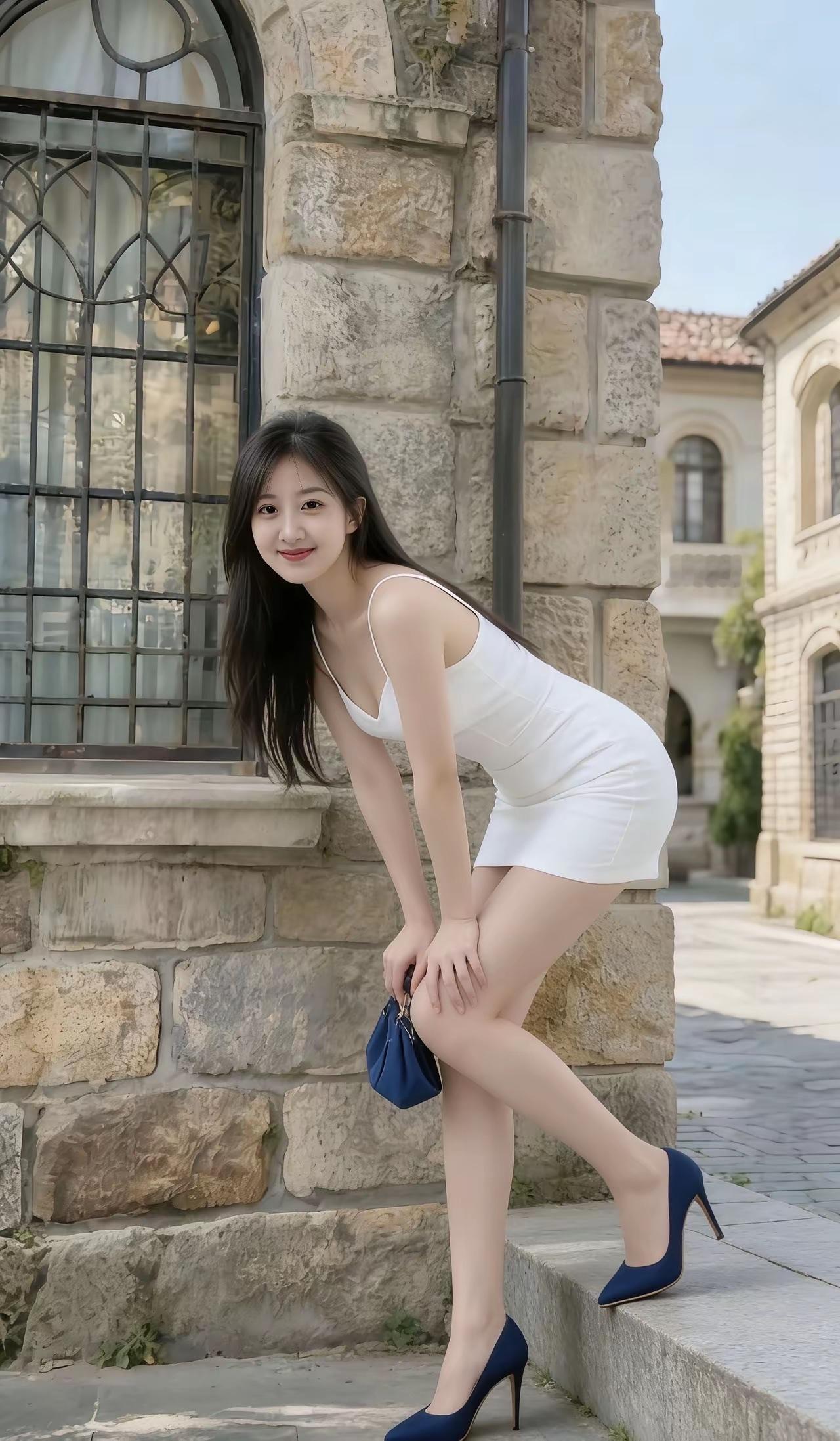 优雅白裙少女，石墙前摆pose，蓝包高跟鞋，复古欧式风情。