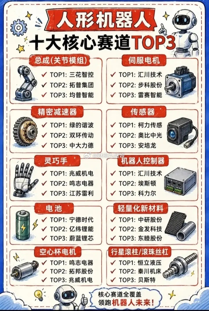 人形机器人细分赛道相关公司梳理:以下图表展示的股票不构成投资建议，据此操作风险自