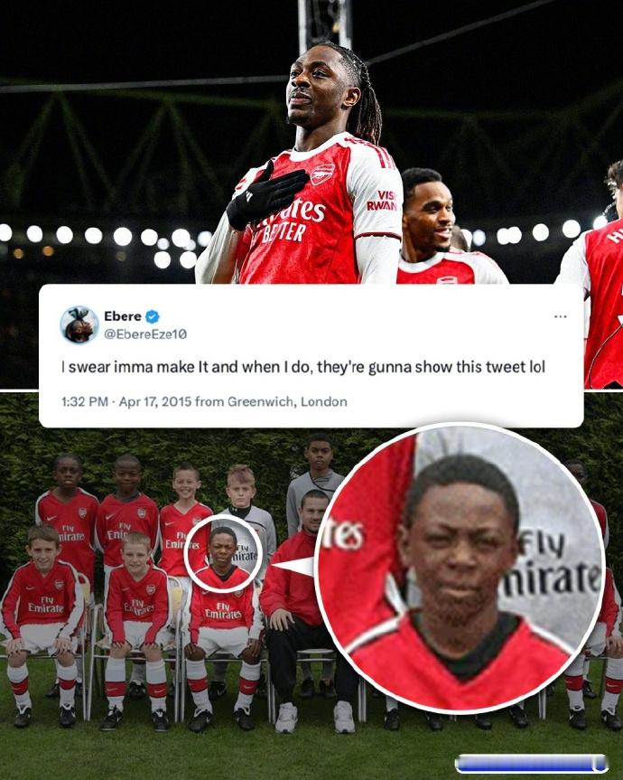 阿森纳4-1战胜热刺，埃泽成为了本场比赛的帽子戏法英雄。赛后，埃泽早年的一条社媒