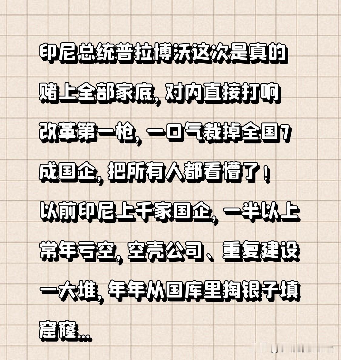 印尼总统普拉博沃这次可真是拼了老本，对内直接开启改革，一下裁掉全国7成国企，把大