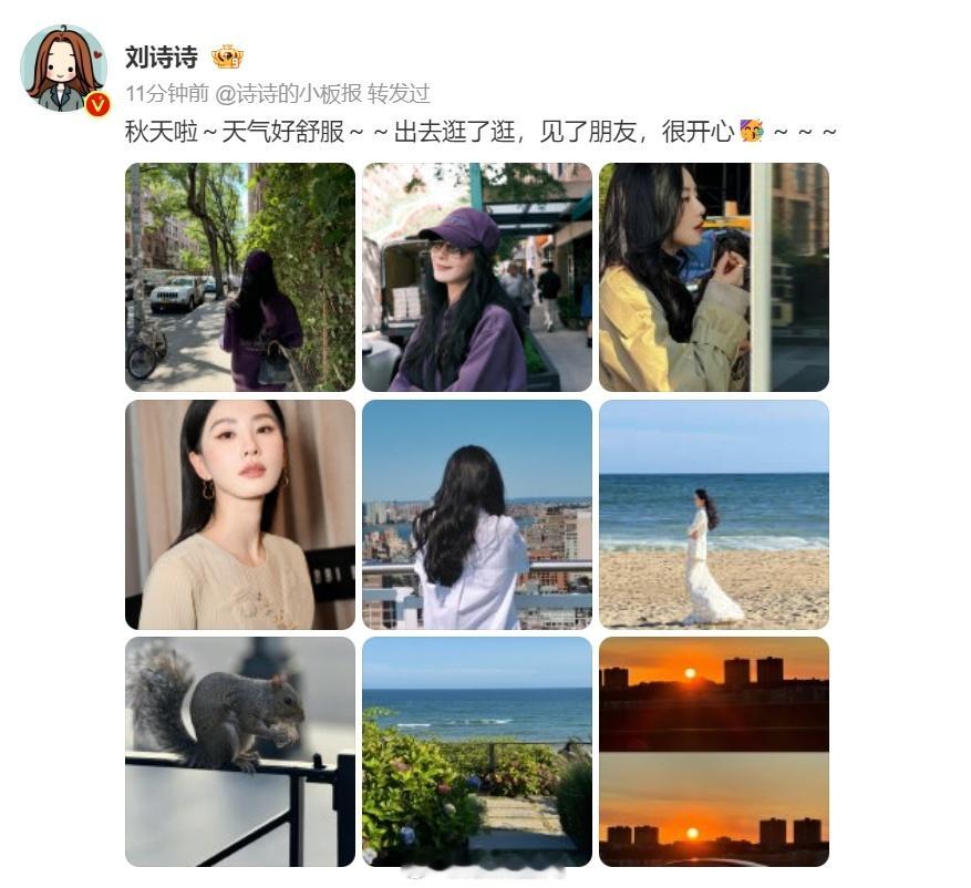#刘诗诗的纽约九宫格##刘诗诗纽约初秋plog#哇，刘诗诗晒纽约九宫格，初秋的她