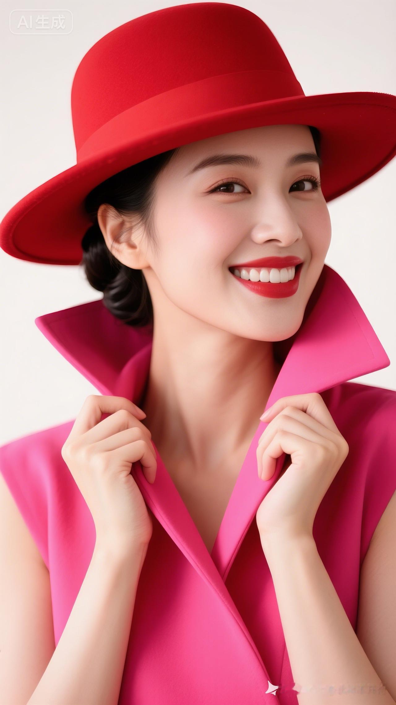 惊艳的红色帽子搭配粉色外套，甜美笑容，元气满满！🌸💕