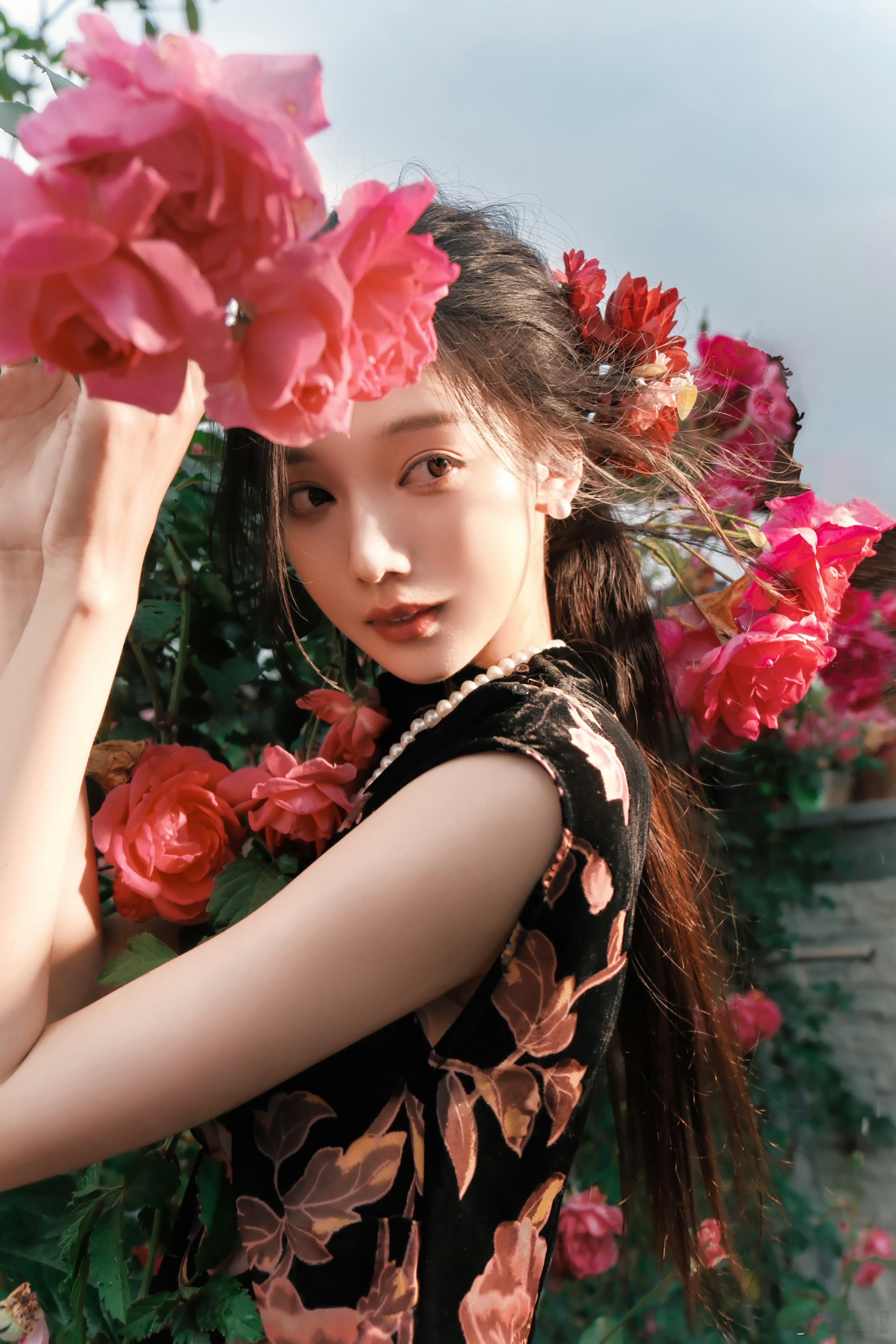 肖雨 🌸 新中式旗袍look，月季花丛中古典美女子 ​​​