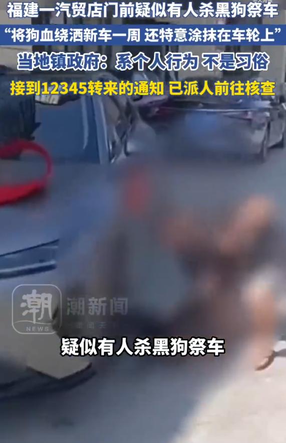 “吵翻了！”福建三明，一名男子拎着被割开颈部的黑狗，将狗血绕着一辆新车洒了一整圈
